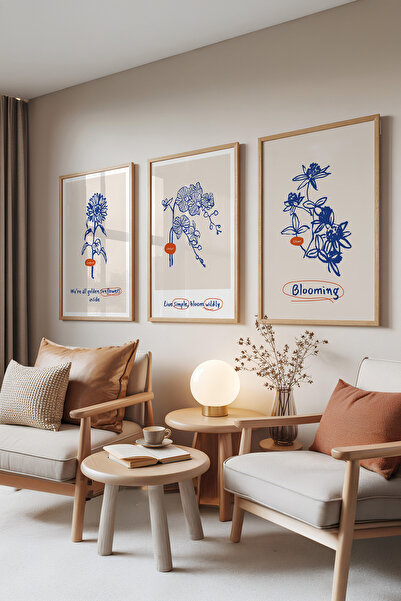 Zestia Set de 3 tablouri cu rame din lemn, flori albastre – Set inspirat pent...