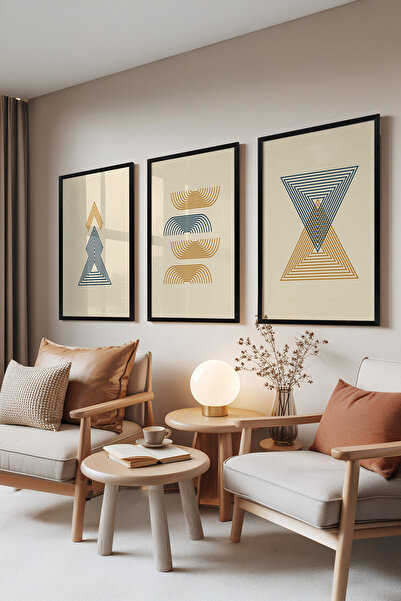 Zestia Set de 3 tablouri cu ramă neagră, Valuri Triunghiulare – Simetrie Lini...