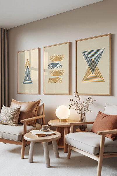 Zestia Set de 3 tablouri cu rame din lemn, Valuri Triunghiulare – Simetrie Li...