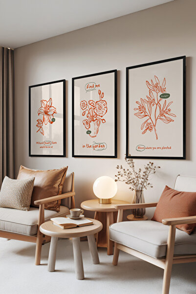 Zestia Комплект от 3 картини с черна рамка, цитати за градината – ръчно рисув...