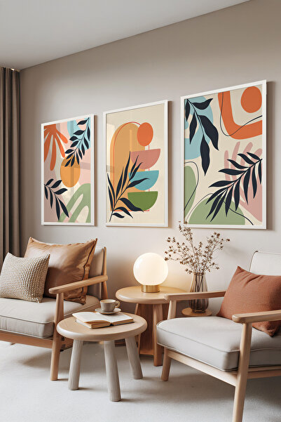 Zestia Set de 3 tablouri cu ramă albă, modele colorate cu frunze, set pentru ...