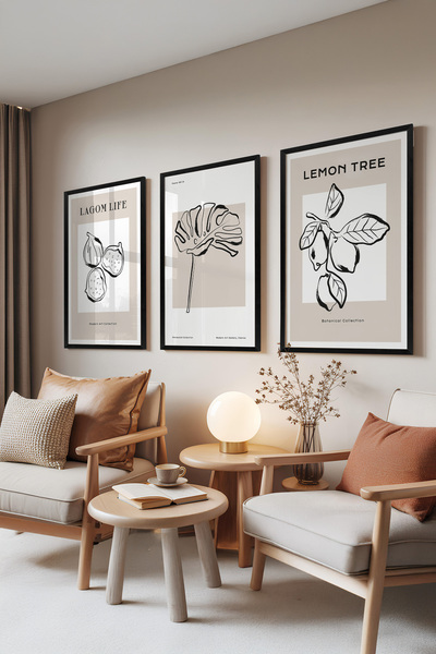 Zestia Комплект от 3 картини с черна рамка, рисунки на смокиня, листа и лимон...