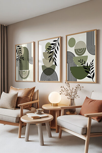 Zestia Drveni okvir, set od 3 slike, zeleni minimalistički oblici listova, se...