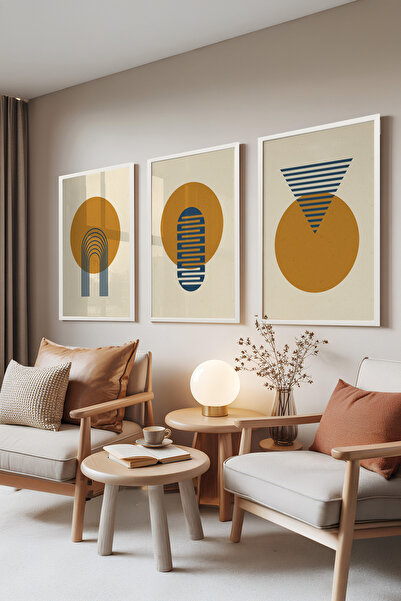 Zestia Set de 3 tablouri cu ramă albă, Armonie Aurie – Cercuri și Linii, Set ...