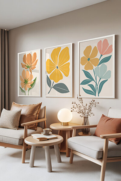 Zestia Set de 3 tablouri cu ramă albă, flori galbene – stil botanic pastel, s...