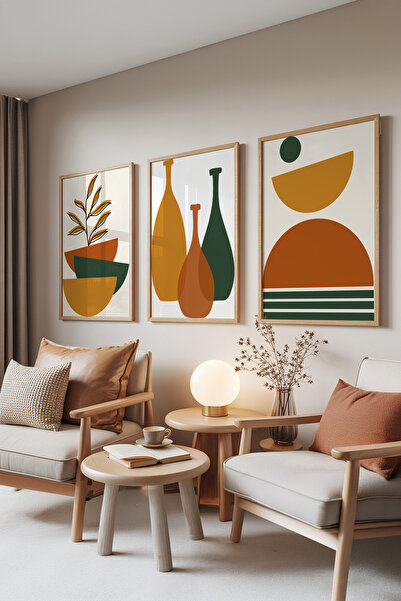 Zestia Set de 3 tablouri cu rame din lemn, vaze retro – forme minimaliste, se...