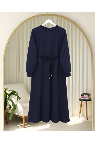 Modamorfo Round Neck Belted Long Combed Cotton Dress - Navy