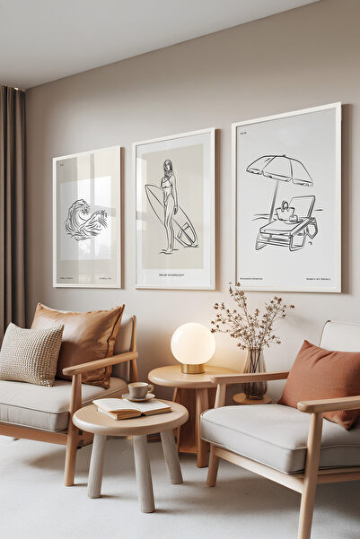 Zestia Set de 3 tablouri cu ramă albă, ilustrații cu valuri, surfing și șezlo...