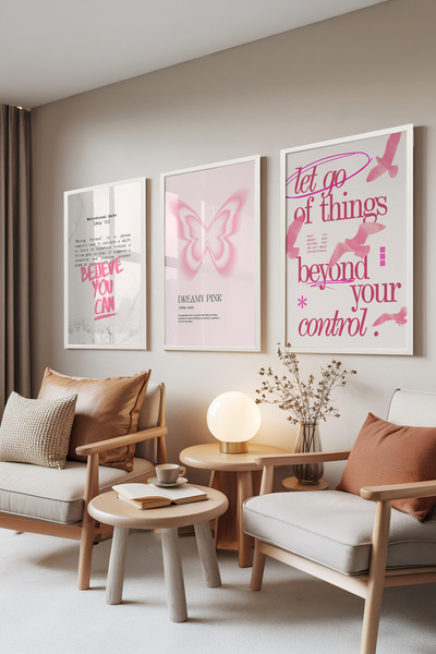 Zestia Set de 3 tablouri cu ramă albă, Roz de vis – Motivație și Fluture, Set...