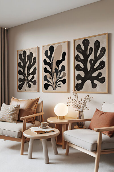 Zestia Set de 3 tablouri cu rame din lemn, modele cu frunze negre – Natură ab...