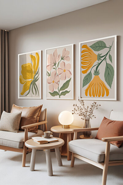 Zestia Set de 3 tablouri cu ramă albă, Flori Boho – Flori pastelate, Set pent...