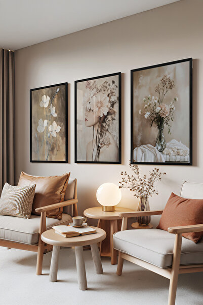 Zestia Siyah Çerçeveli 3’lü Tablo Seti, Floral Dreams – Kadın ve Çiçekler, Sa...