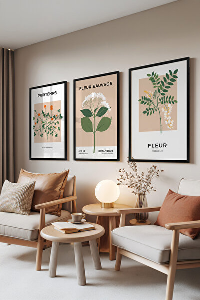 Zestia Set de 3 tablouri cu ramă neagră, Printemps – Stil botanic bej, Set de...