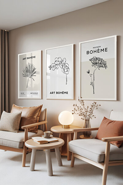 Zestia Set de 3 tablouri înrămate albe, ilustrații cu palmieri și orhidee – S...