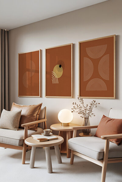 Zestia Set de 3 tablouri cu rame din lemn, Geometrie Terracotta – Stil Minima...