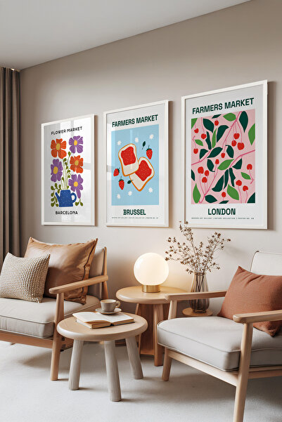 Zestia Set de 3 tablouri cu ramă albă, Piața Fermierilor – Tematică Fructe și...