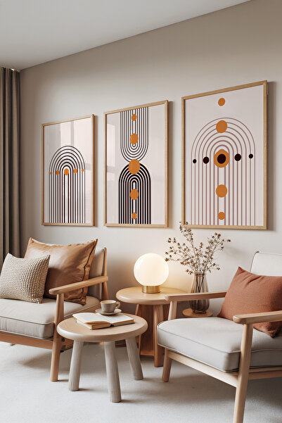 Zestia Комплект от 3 картини с дървена рамка, линейни арки – прост геометриче...