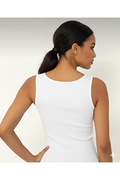femmefinesse Λευκό γυναικείο μπλουζάκι από 100% βαμβακερό ριμπ, αναπνεύσιμο με φαρδιά τιράντες, γυναικείο μπλουζάκι Ceylanoğlu