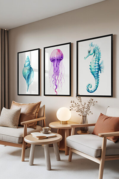 Zestia Σετ 3 πινάκων με μαύρο πλαίσιο, Θαλάσσια πλάσματα – Μύδια, Μέδουσες, Ι...