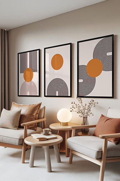 Zestia Set de 3 tablouri cu ramă neagră, cercuri abstracte – tonuri calde, Se...