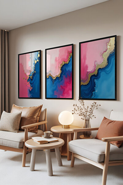 Zestia Set de 3 tablouri cu ramă neagră, modele de culori fluide albastre și ...