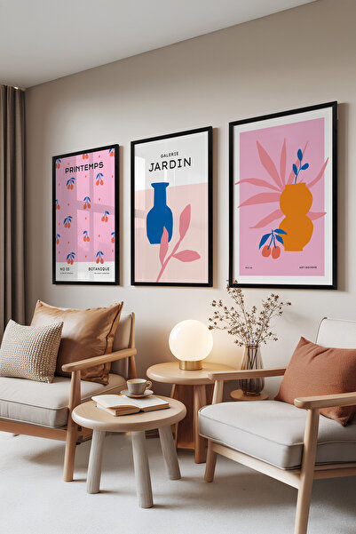 Zestia Set de 3 tablouri cu ramă neagră, modele botanice cu vaze roz și albas...