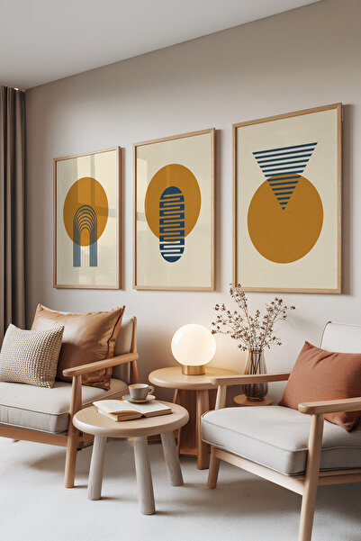 Zestia Set de 3 tablouri cu rame din lemn, Armonie Aurie – Cercuri și Linii, ...