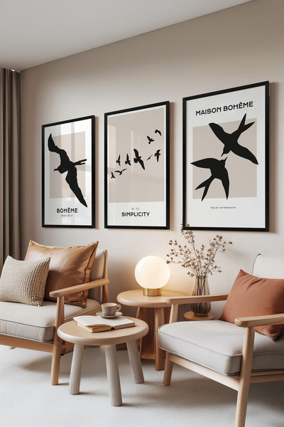 Zestia Set de 3 tablouri cu ramă neagră, Siluete de păsări zburătoare – Stil ...