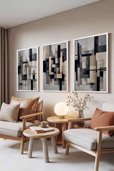 Zestia Set de 3 tablouri cu ramă albă, modele geometrice abstracte gri și bej...