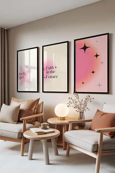 Zestia Set de 3 tablouri cu ramă neagră, Lucky Girl – Seria Faith & Light, Se...