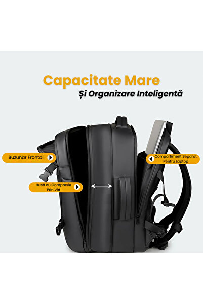 HADEX Black Vacuum Backpack – 180° Opening, Laptop Compartment, Vacuum Compression