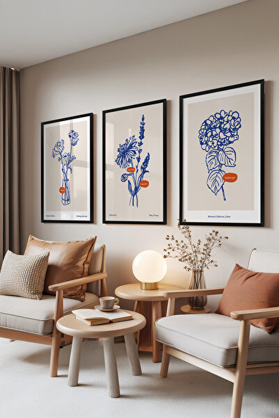 Zestia Set de 3 tablouri cu ramă neagră, ilustrații cu flori albastre, set pe...