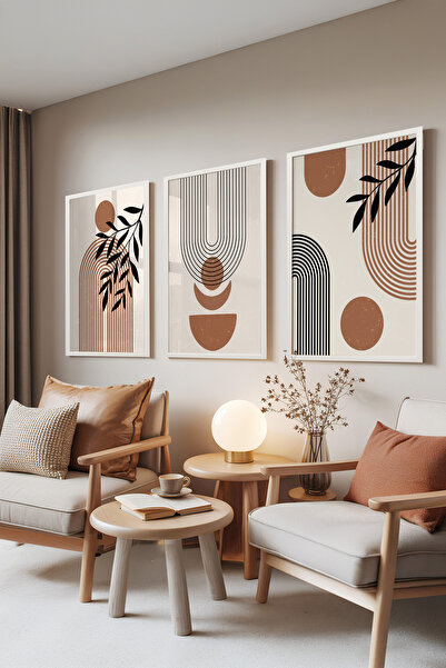 Zestia Set de 3 tablouri cu ramă albă, model geometric maro, set pentru livin...