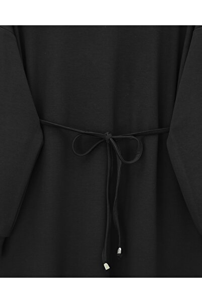 Modamorfo Round Neck Belted Long Combed Cotton Dress -Black