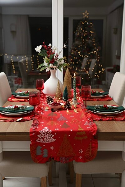 vintagetasarım Christmas Concept Runner Pine Tree with Red Ruffles 40X125Cm