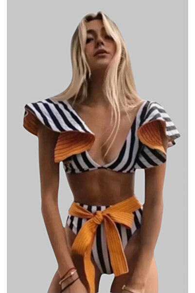 Jessica Dafer Samenta Şerit Baskılı Bağcıklı Yüksek Bel 2 Parça Bikini Takım