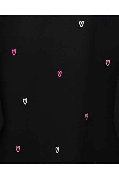 Modamorfo Round Neck Heart Patterned Combed Cotton Tunic -Black