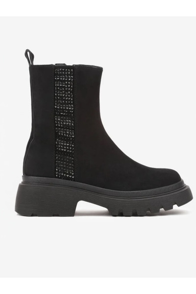 kaveli BOTINE casual negre DIN PIELE INTOARSA CU TALPA GROASA SI STRASURI DEC...