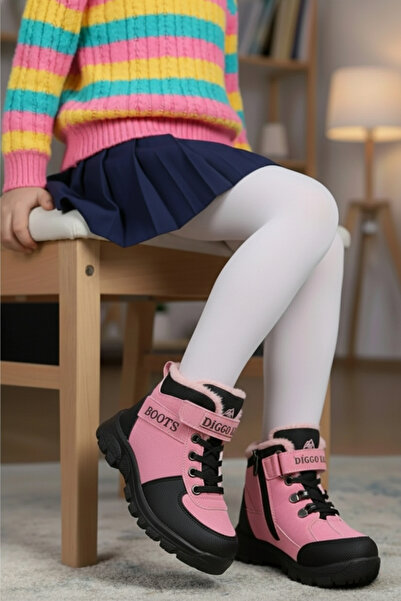 DİGGO KİDS Girl's Zippered Velcro Winter Fur Boots – Waterproof, Thick Sole, Comfortable Casual Shoes