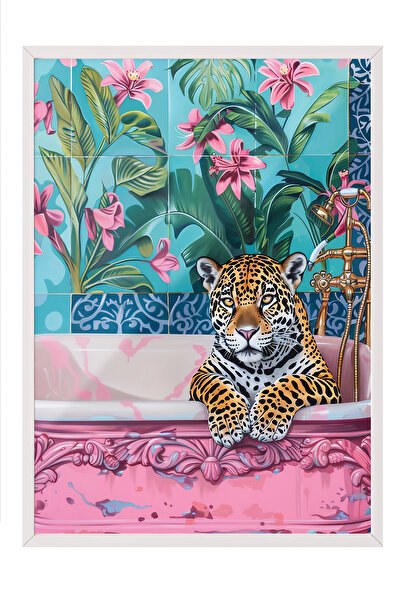 Zestia Tablou înrămat alb, leopard, tapet cu flori, poster cu artă digitală n...