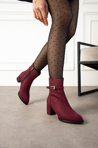 dabab shoes Lunara Women's Burgundy Suede Buckle Heeled Short Boots Bootie
