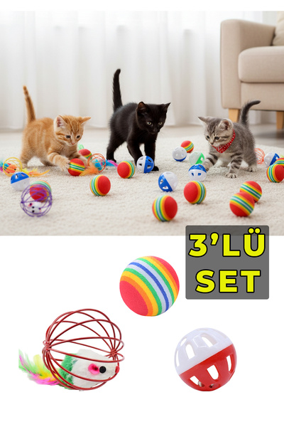 rianka 3'lü İnteraktif Kedi Oyun Seti, Zilli Top ve Yumuşak Peluş Kedi Oyunca...