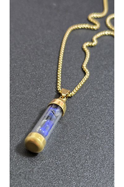 stainles steel Tüp Formlu Mavi Doğal Taşlı Şeffaf Uzun Çelik Kolye