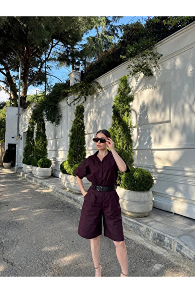 MODA Women's Collared Shirt Belted Shorts Set - Claret Red