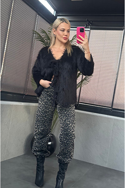 MİR STORE سترة صوفية ذات لحية كبيرة الحجم موديل العلامة التجارية السوداء