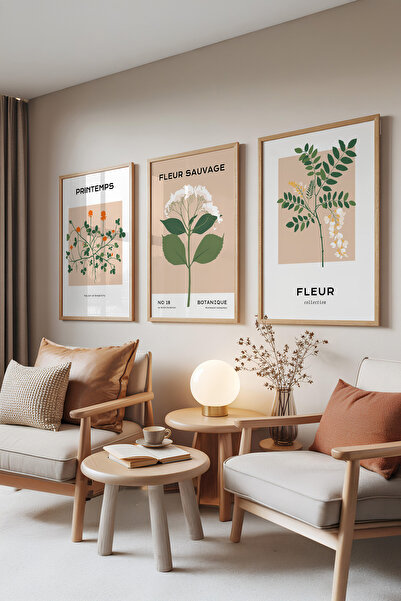 Zestia Set de 3 tablouri cu rame din lemn, Printemps – Stil botanic bej, Set ...