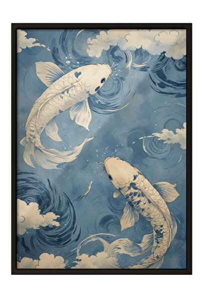 Zestia Tablou înrămat negru, pești Koi, în mijlocul valurilor japoneze, tonur...