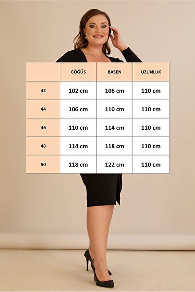 FOR ESRA BIG TREND Women's Plus Size Square Neck Front Slit Long Sleeve Stretchy Midi Length Crepe Woven Dress