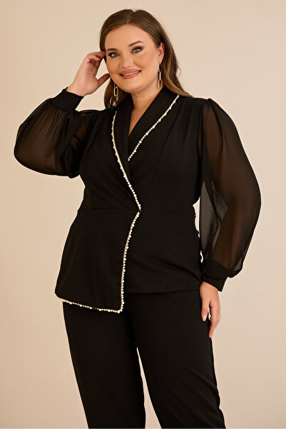 FOR ESRA BIG TREND Women's Plus Size Double-Breasted Collar Pearl Stone Detail Chiffon Sleeve Trousers Jacket 2-Piece Evening Dress Set