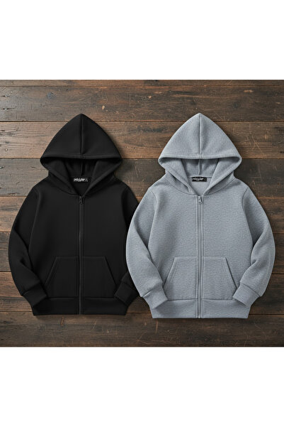 ZOKAWEAR Men's Black-Grey 2-Piece Hooded Zip-Up Cardigan 2 Thread Raised